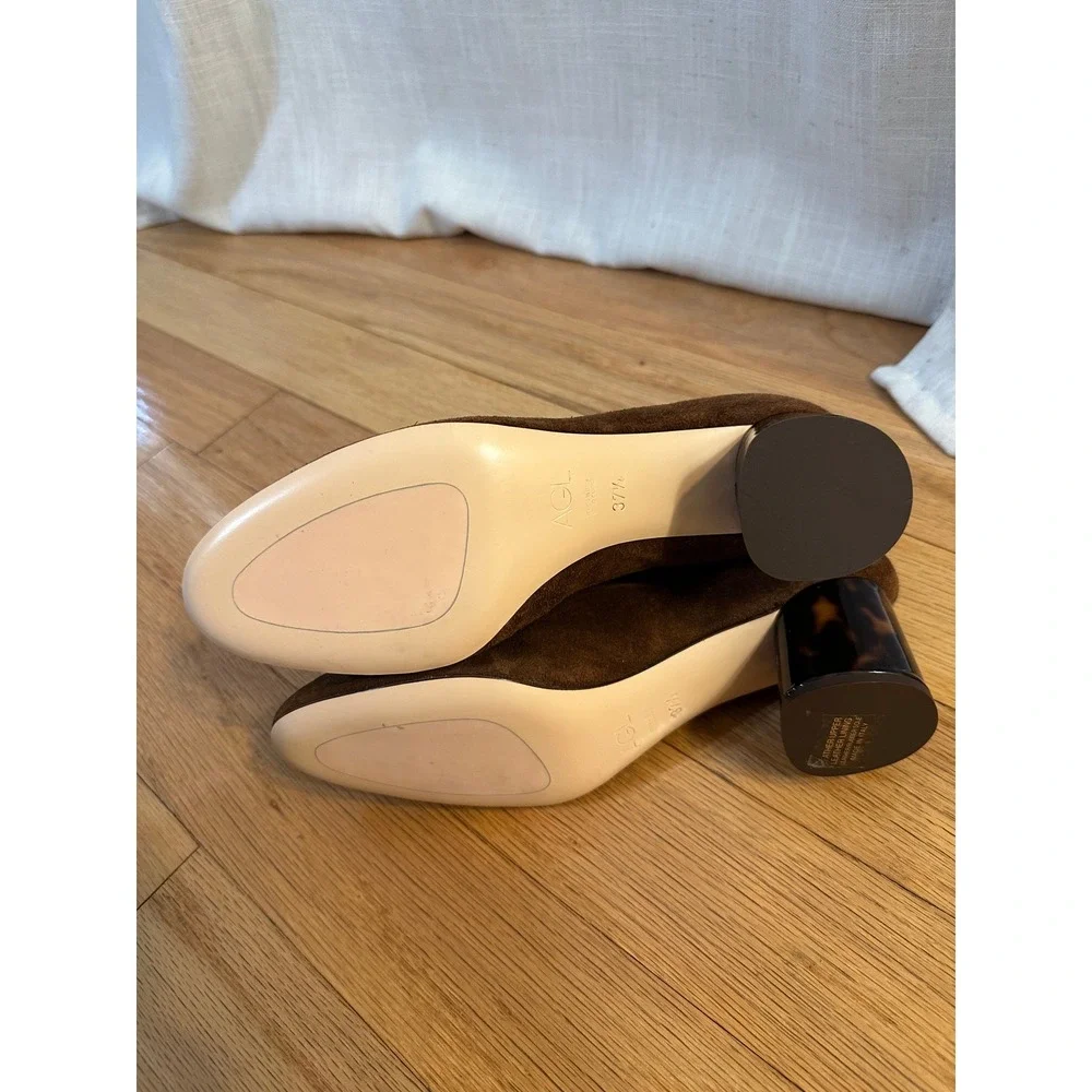 AGL Brown Suede Tortoiseshell Block Heel Ankle Boots Made in Italy Size 37.5